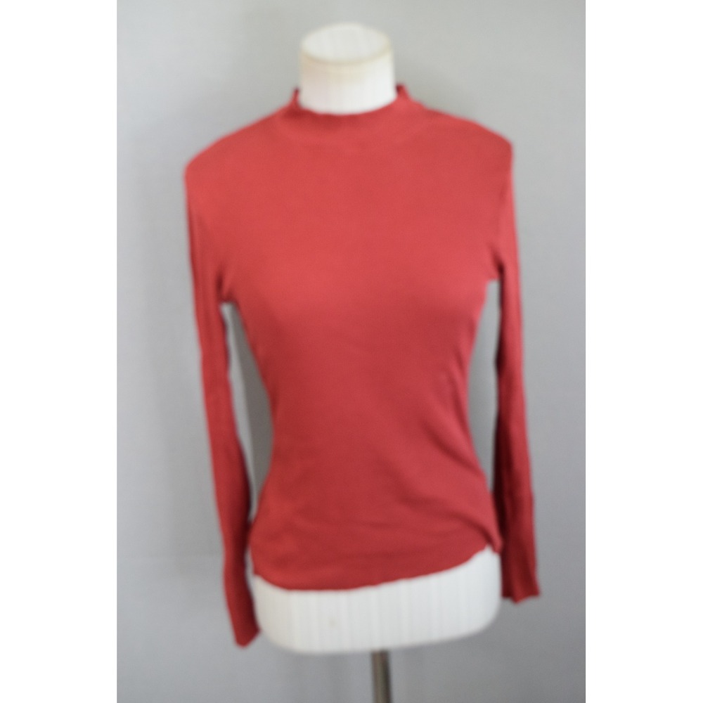 Nation LTD Joni Mock Neck Top Small Red Organic Pima Cotton Button Cuff Ribbed
